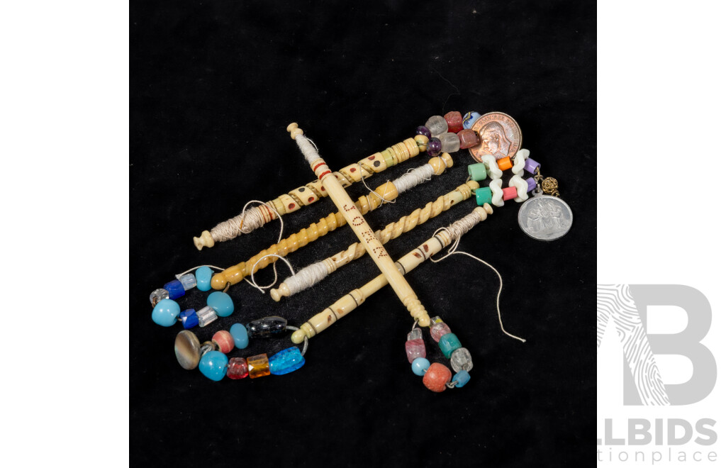 Antique Victorian C.1890 Bone (5) Lace Making Bobbins