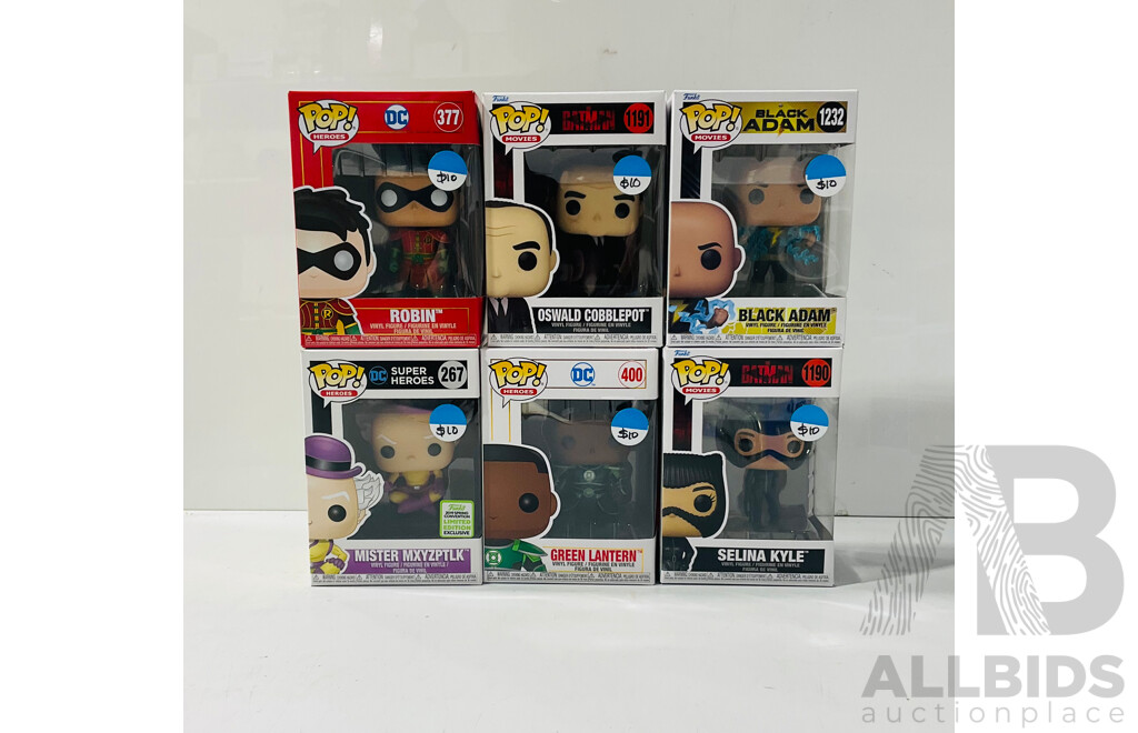 Collection of Six DC Funko Pop Vinyl Figures Including Robin, Oswald Cobblepot, Mister Mxyzptlk and Mores in Original Packaging