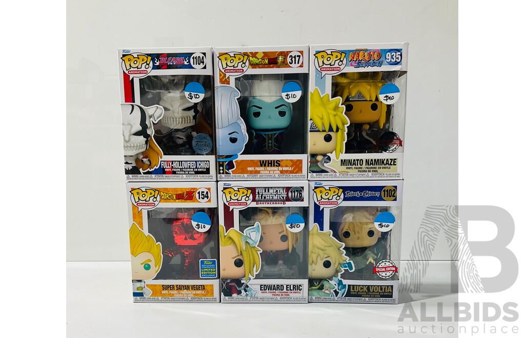 Collection of Six Funko Pop Vinyl Figures From Several Animes Including Dragonball, Bleach, Naruto and More in Original Packaging