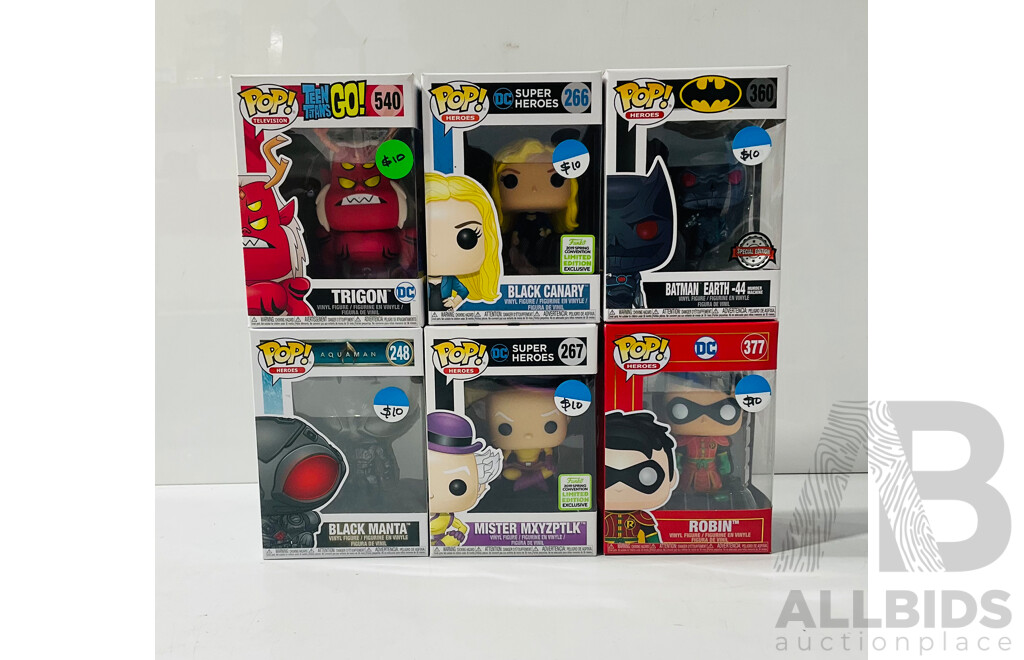 Collection of Six Star Wars Funko Pop Vinyl Figures Including Murder Machine (Batman Earth-44), Black Canary, Black Manta and More in Original Packaging