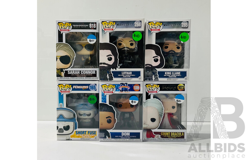Collection of Six Funko Pop Vinyl Figures From Various Movies Including Terminator: Dark Fate, Bram Stoker’s Dracula, Penguins of Madagascar and More in Original Packaging