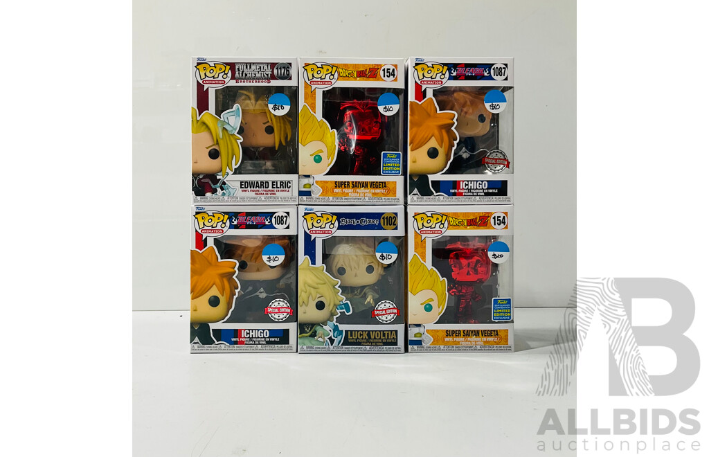 Collection of Six Funko Pop Vinyl Figures From Several Animes Including Dragonball, Bleach, Fullmetal Alchemist and Black Cover in Original Packaging