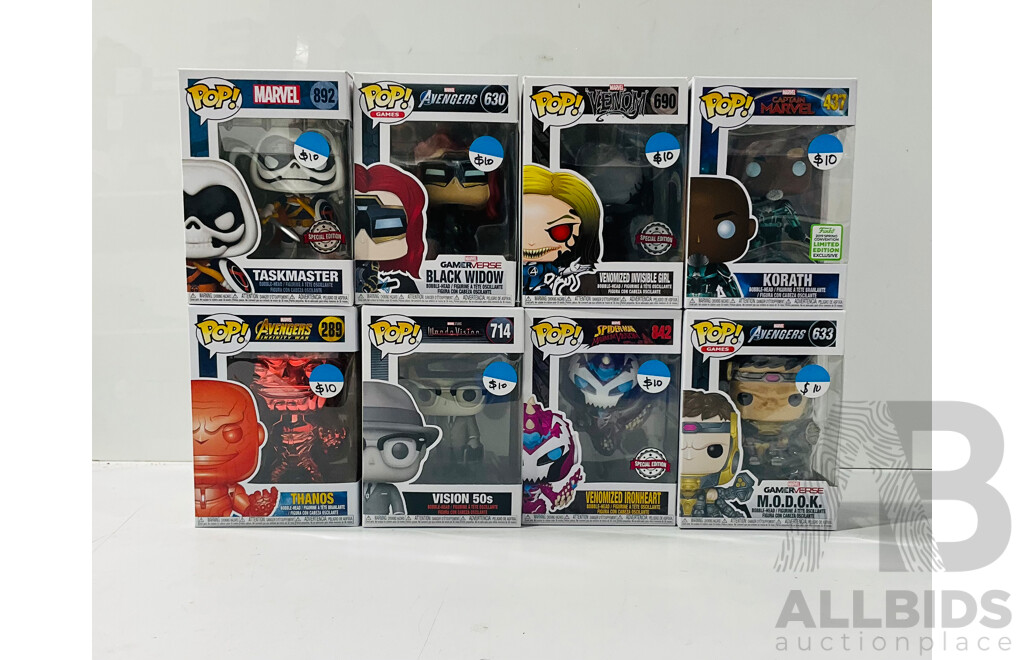 Collection of Eight Marvel Funko Pop Vinyl Figures Including Venomized Invisible Girl, Venomized Ironheart, Taskmaster and More in Original Packaging