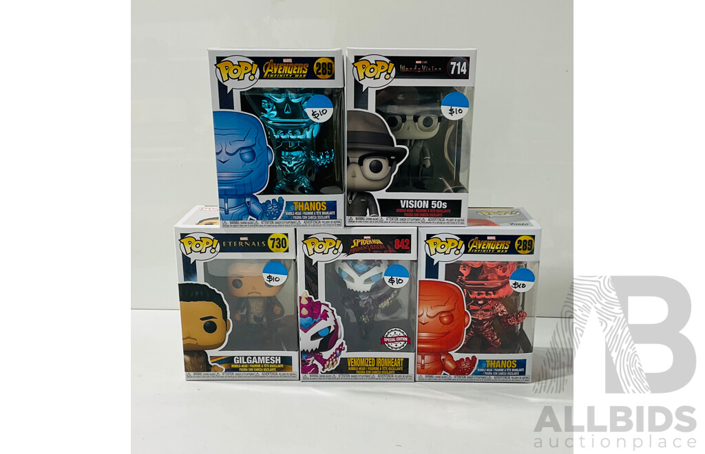 Collection of Five Marvel Funko Pop Vinyl Figures Including Venomized Ironheart, 50’s Vision, Thanos and More in Original Packaging