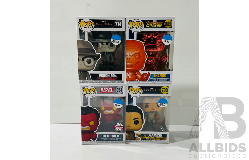 Collection of Four Marvel Funko Pop Vinyl Figures Including 50’s Vision, Thanos, Red Hulk and Gilgamesh in Original Packaging