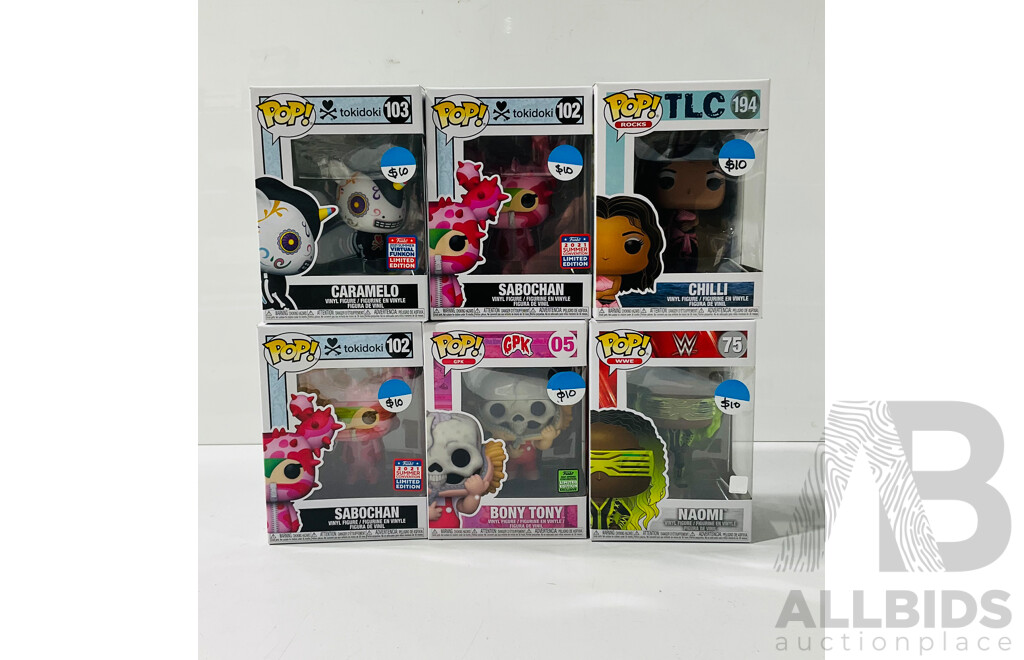 Collection of Six Funko Pop Vinyl Figures Including Caramelo and Sabochan From Tokidoki, Bony Tony From Garbage Patch Kids and More in Original Packaging