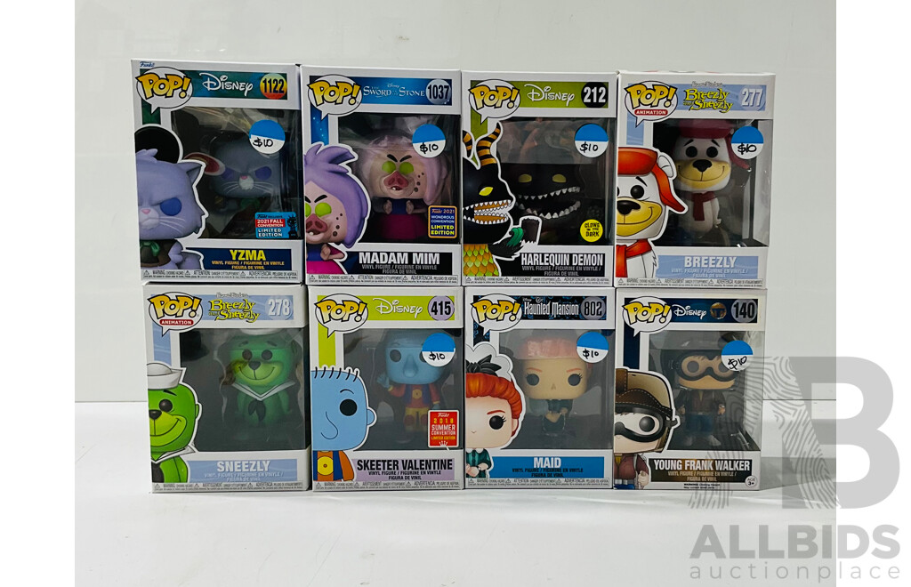 Collection of Eight Disney Funko Pop Vinyl Figures Including Yzma, Madam Mim, Harlequin Demon and More in Original Packaging