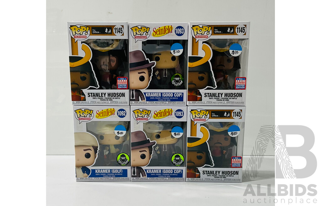 Collection of Six Funko Pop Vinyl Figures From the Office and Seinfeld Including Kramer (good Cop), Kramer (golf) and Stanley Hudson in Original Packaging
