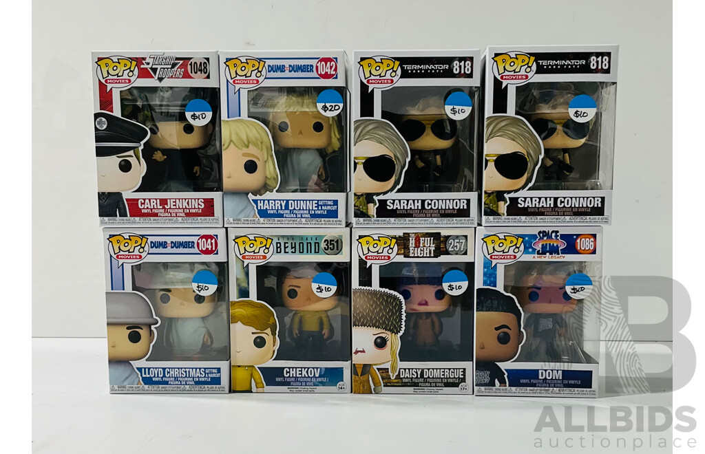 Collection of Eight Funko Pop Vinyl Figures From Several Movies Including Sarah Connor, Carl Jenkins, Daisy Domergue and More in Original Packaging
