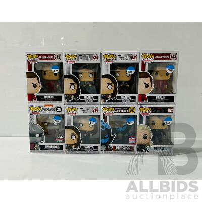 Collection of Eight Funko Pop Vinyl Figures From Several TV Shows Including the Witcher, the Umbrella Academy, Samurai Jack and More in Original Packaging