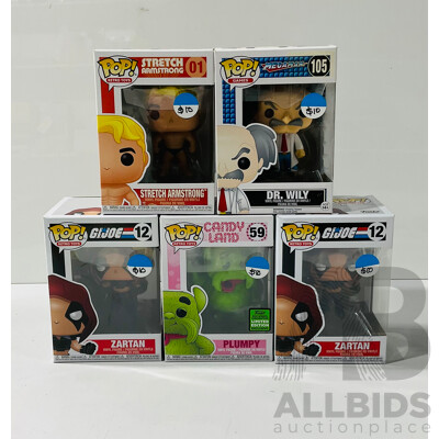 Collection of Five Funko Pop Vinyl Figures From Retro Games and Toys Including Stretch Armstrong, Zartan From G.I.joe and More in Original Packaging