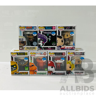 Collection of Seven Funko Pop Vinyl Figures Including Jim Kelly, Edward Elric, Jabbawockeez and More in Original Packaging