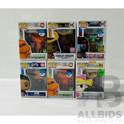 Collection of Six Funko Pop Vinyl Figures Including Stanley Hudson, Blast-attak, Wheedle on the Needle and More in Original Packaging