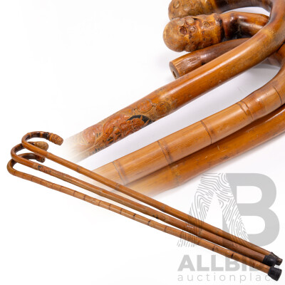 Collection Thee Hand Carved Asian Bamboo Walking Sticks Including Example with Demon Motif Detail