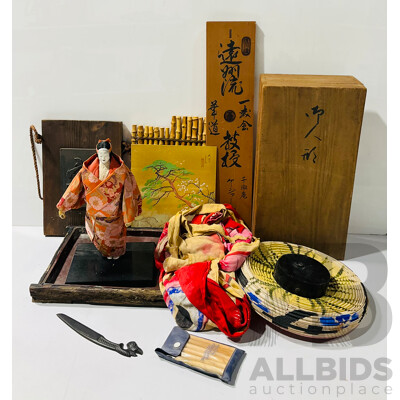 Collection Japanese Items Including Caligraphy Board, Lidded Box, Fish Kite, Hanging Lamp, Geisha Doll and More