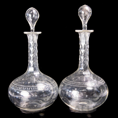 Good Pair Antique Crystal Decanters with Stoppers with Etched Star Pattern