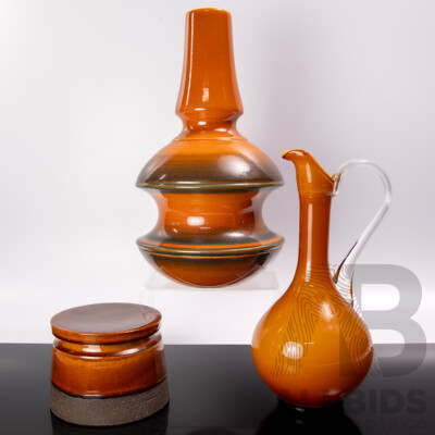 Collection Mid Century Pieces Comprising Danish Pottery Lidded Canister, Japanese Studio Pottery Vase & Funky Glass Burnt Orange Pitcher