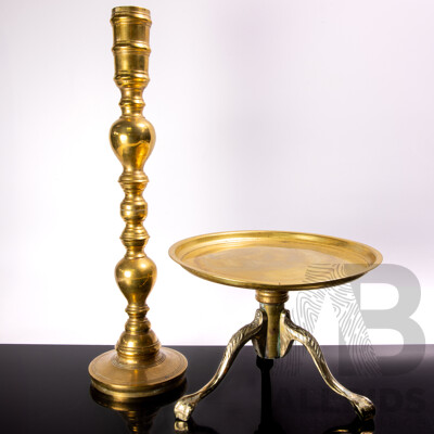 Brass Tray with Three Claw Feet Along with Brass Candle Holder