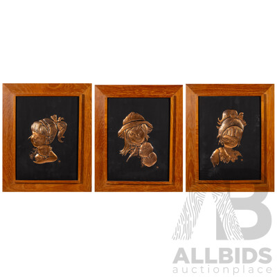 Artist Unknown, (20th Century), Girl with Cat, Girl with Dog & Girl with Hat and Dog, Lovely Trio of Vintage Mid-Century Copper Sheet Hammered Reliefs, 40 x 33 cm (frames) (3)