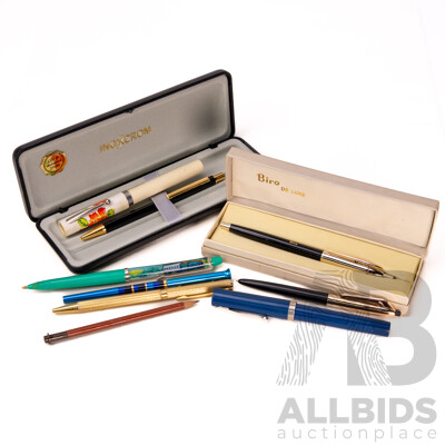 Biro De Luxe Retractable Pen, Inoxcrom Gold Plated Pen Both in Original Cases Along with Collection Other Pens and Pencils