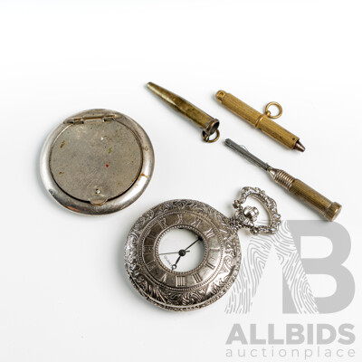 Antique Silver Pill Box, Adjustable Pocket Watch Key, Wire Bristle Pocket Brush & Silver Tone Pocket Watch