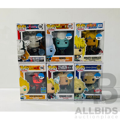Collection of Six Funko Pop Vinyl Figures From Several Animes Including Dragonball, Bleach, Naruto and More in Original Packaging