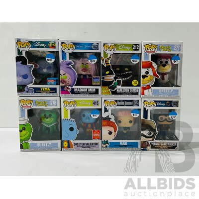 Collection of Eight Disney Funko Pop Vinyl Figures Including Yzma, Madam Mim, Harlequin Demon and More in Original Packaging