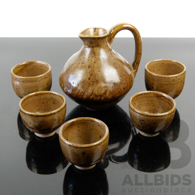 Rare Australian Local Studio Pottery High Fired Jug and Five Matching Goblets by Cecily Gibson Pottery, Circa Mid 1960s