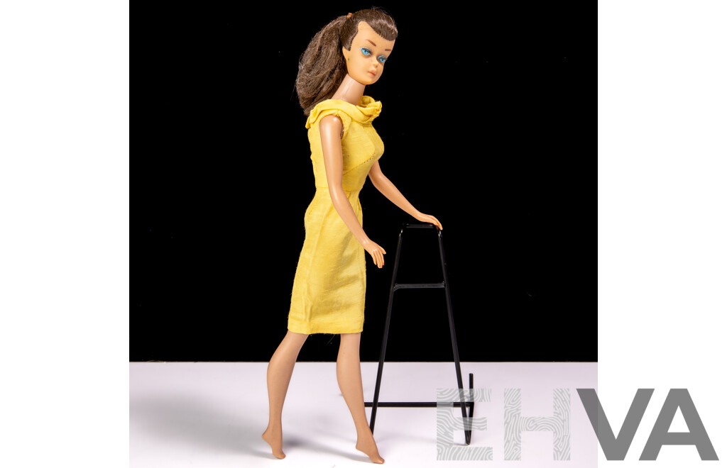 Original Vintage 1960s Brunette Ponytail Barbie Doll with Full Mattel Stamp & Japan Stamp to Foot, Wearing Vintage Silk Sheath Dress
