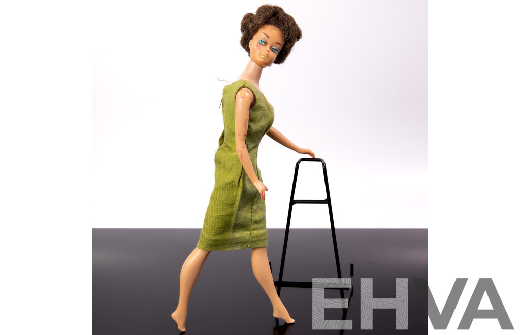 Original Vintage Early 1960s Brunette Bubble Cut Barbie Doll with Full Mattel Stamp, Wearing Vintage Barbie Poodle Parade Dress