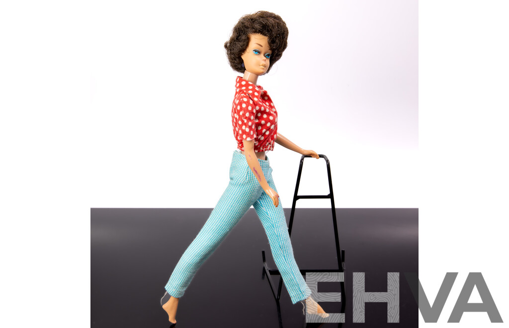 Original Vintage Early 1960s Brunette Side Cut Barbie Doll with Full Mattel Stamp & Japan Stamped to Foot, Wearing Vintage Barbie Outfit