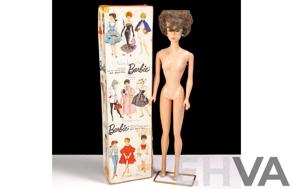 Original Vintage 1962 Brunette Bubble Cut Barbie in Original Box with Display Pedestal