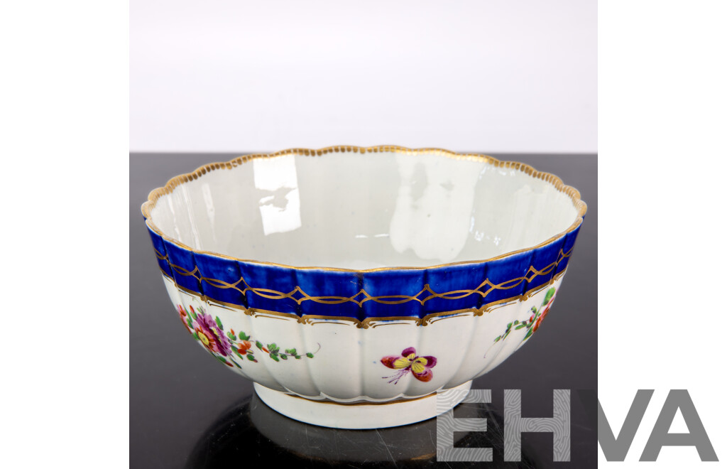 Antique English Worcester Hand Painted Porcelain Scalloped Bowl with Butterfly and Floral Motifs Circa 18th Century
