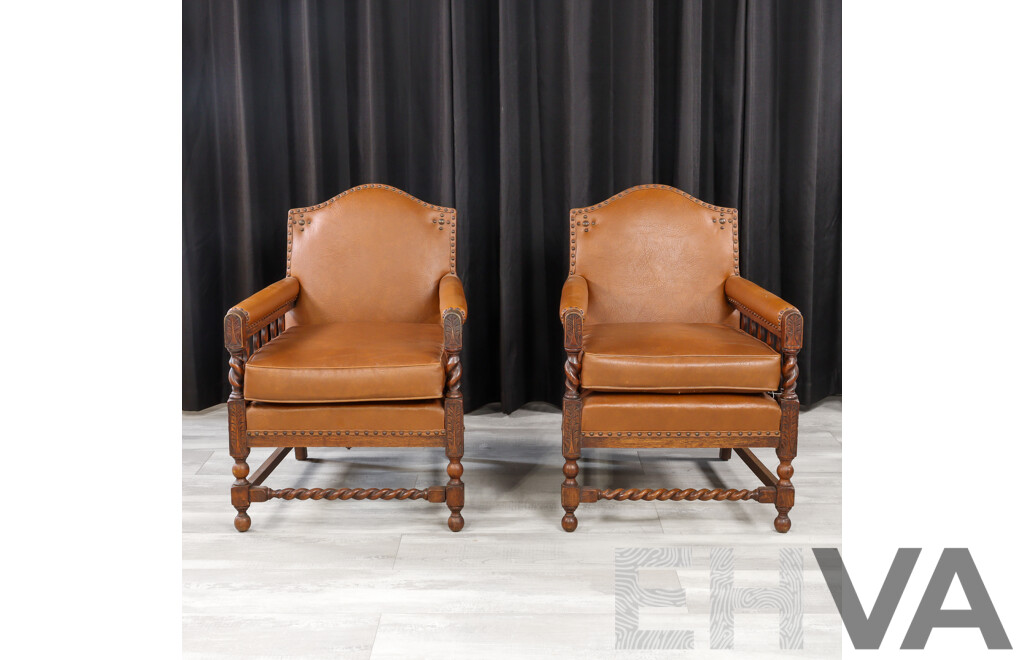 Pair of Edwardian Oak Armchairs with Leather Upholstery