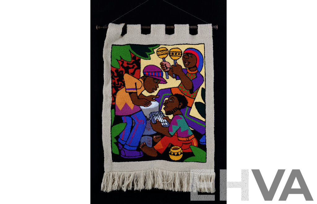 Jostin Zure (20th Century, Zimbabwean), Making Music, Handmade Wall Tapestry by Zuva, Cotton, Rubber Latex Glue and Acrylic Wool, 93 x 74 cm (image)