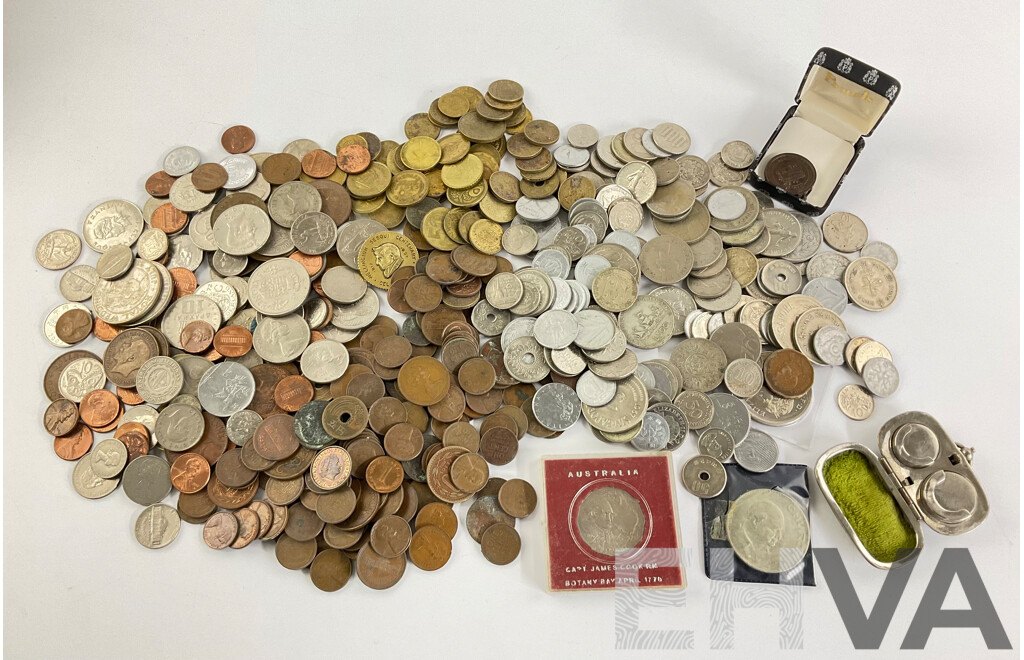 Collection of Vintage International Coins Including Kenya, USA, Singapore, Thailand, Australia, New Zealand,  UK 1980 UNC Twenty Five Pence Coin Dispenser and More - Approximately 2.3 Kilograms
