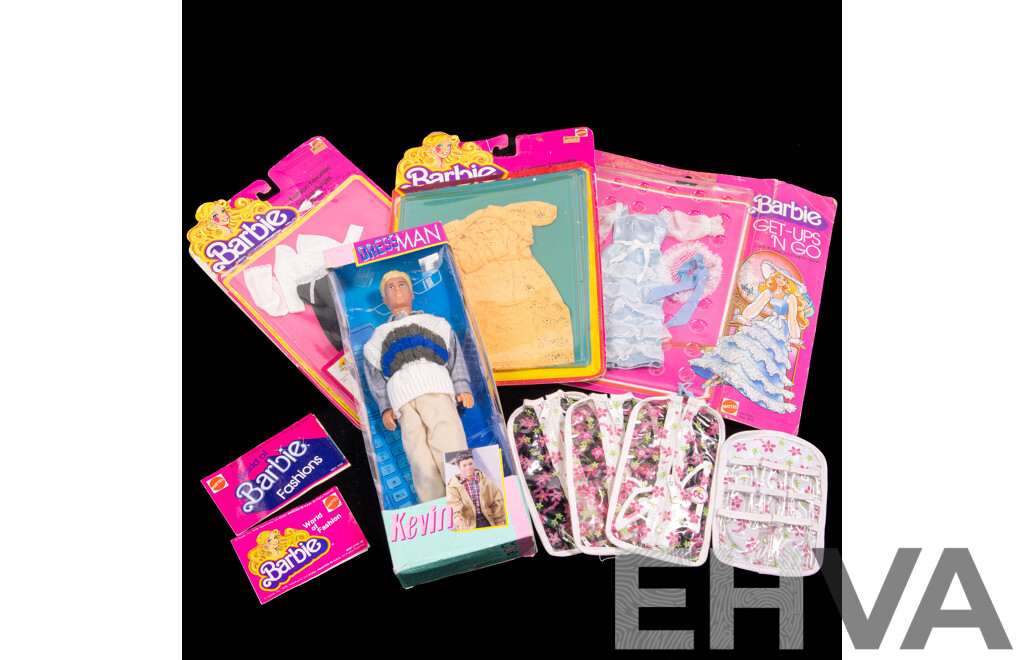 Collection Barbie and Other Clothes Including Three Carded Examples, Genuine Barbie Wardrobe Accessories, Barbie Fashion Favourites, Kevin Clone Doll in Original Box
