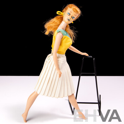 Original Vintage 1960s RedTitan  Ponytail Barbie Doll with Full Mattel Stamp & Japan Stamp to Foot, Wearing Vintage 1975 Olympics Dress