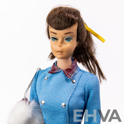 Original Vintage 1960s Brunette Ponytail Barbie Doll with Full Mattel Stamp & Japan Stamp to Foot, Wearing Barbie Fashion Avenue Outfit