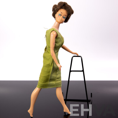 Original Vintage Early 1960s Brunette Bubble Cut Barbie Doll with Full Mattel Stamp, Wearing Vintage Barbie Poodle Parade Dress