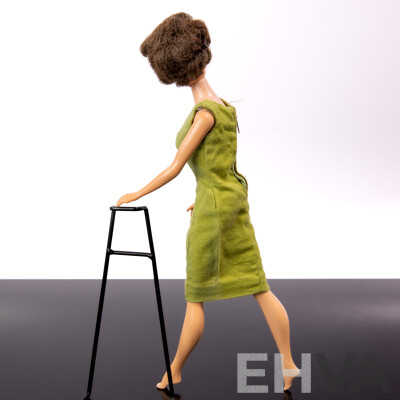 Original Vintage Early 1960s Brunette Bubble Cut Barbie Doll with Full Mattel Stamp, Wearing Vintage Barbie Poodle Parade Dress