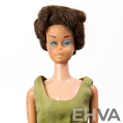 Original Vintage Early 1960s Brunette Bubble Cut Barbie Doll with Full Mattel Stamp, Wearing Vintage Barbie Poodle Parade Dress