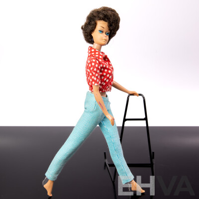 Original Vintage Early 1960s Brunette Side Cut Barbie Doll with Full Mattel Stamp & Japan Stamped to Foot, Wearing Vintage Barbie Outfit