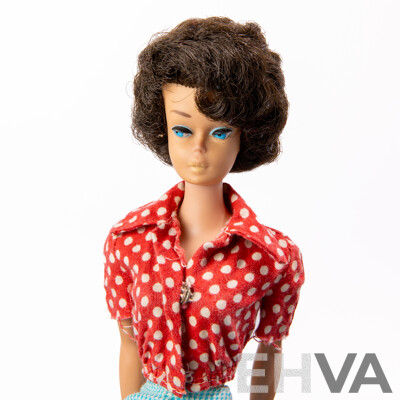 Original Vintage Early 1960s Brunette Side Cut Barbie Doll with Full Mattel Stamp & Japan Stamped to Foot, Wearing Vintage Barbie Outfit