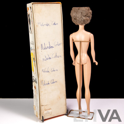 Original Vintage 1962 Brunette Bubble Cut Barbie in Original Box with Display Pedestal
