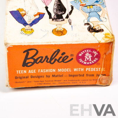 Original Vintage 1962 Brunette Bubble Cut Barbie in Original Box with Display Pedestal