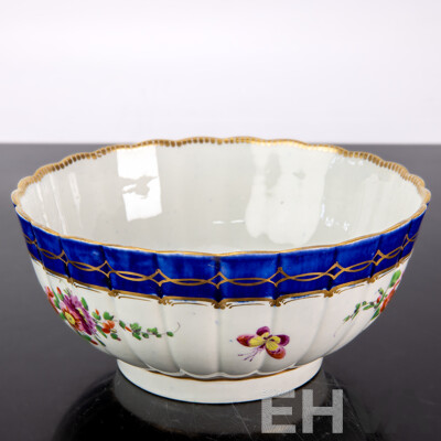 Antique English Worcester Hand Painted Porcelain Scalloped Bowl with Butterfly and Floral Motifs Circa 18th Century