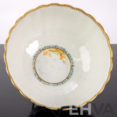 Antique English Worcester Hand Painted Porcelain Scalloped Bowl with Butterfly and Floral Motifs Circa 18th Century