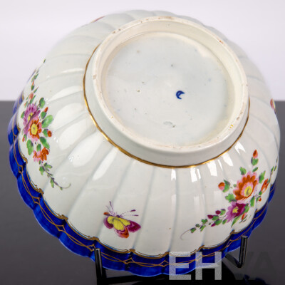 Antique English Worcester Hand Painted Porcelain Scalloped Bowl with Butterfly and Floral Motifs Circa 18th Century