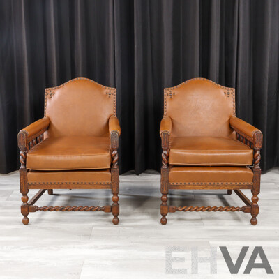 Pair of Edwardian Oak Armchairs with Leather Upholstery